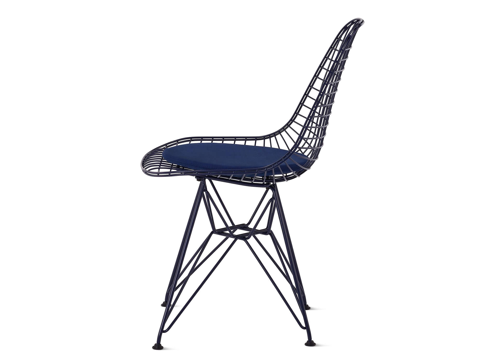 Black blue wire upholstered chair with wire base side view
